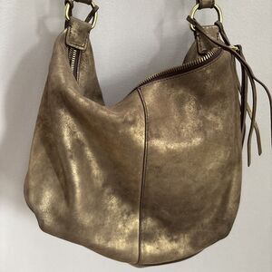 HOBO INTERNATIONAL Gold Metallic Fluted Tassel Biker Y2K Grunge Festival Satchel